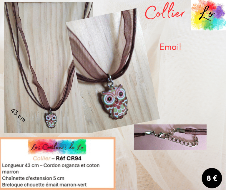 Collier cordon organza-coton marron chouette émail marron-vert Les Couleurs de Lo