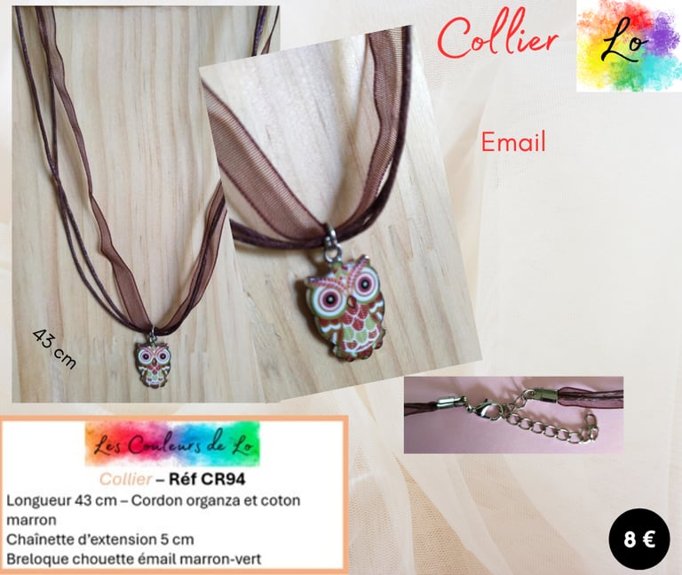 Collier cordon organza-coton marron chouette émail marron-vert Les Couleurs de Lo