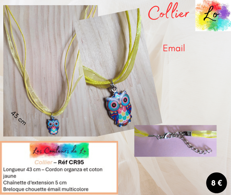 Collier cordon organza-coton jaune chouette émail multicolore Les Couleurs de Lo