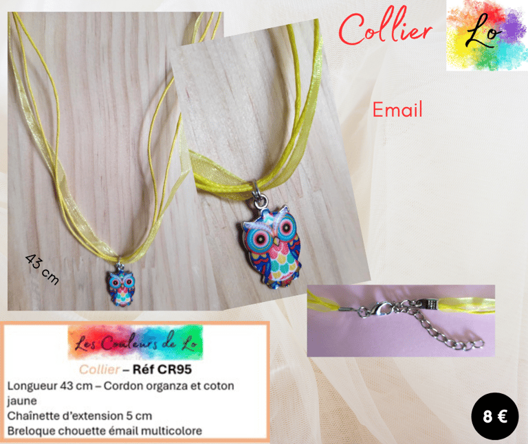 Collier cordon organza-coton jaune chouette émail multicolore Les Couleurs de Lo