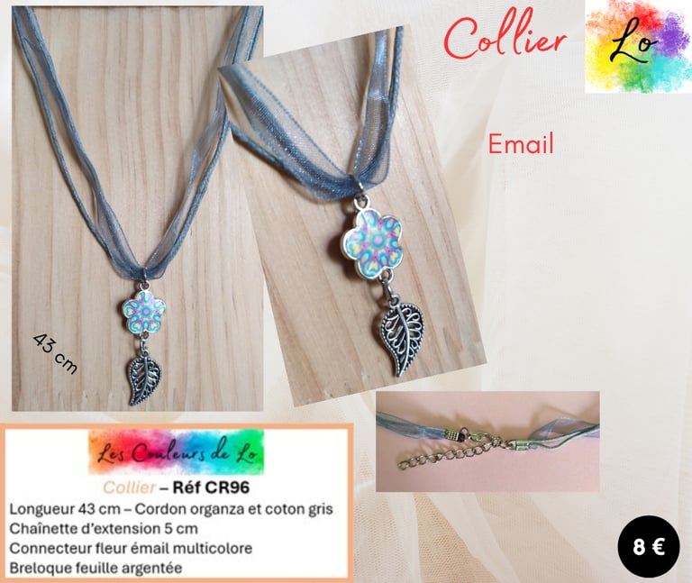 Collier cordon organza-coton gris fleur émail gris-bleu Les Couleurs de Lo