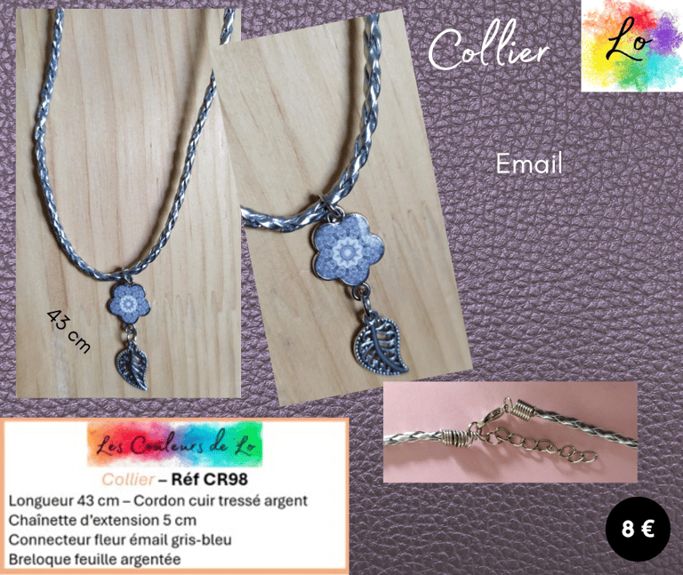 Collier cuir tressé argent fleur émail gris-bleu feuille argentée Les Couleurs de Lo