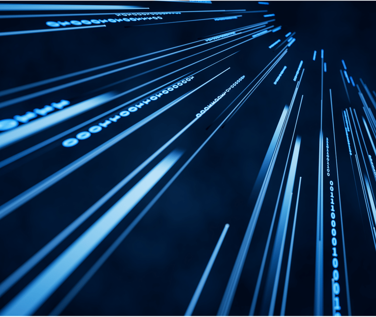 Dunkelblauer Hintergrund mit 'Nullen' und 'Einsen' in hellblau. 