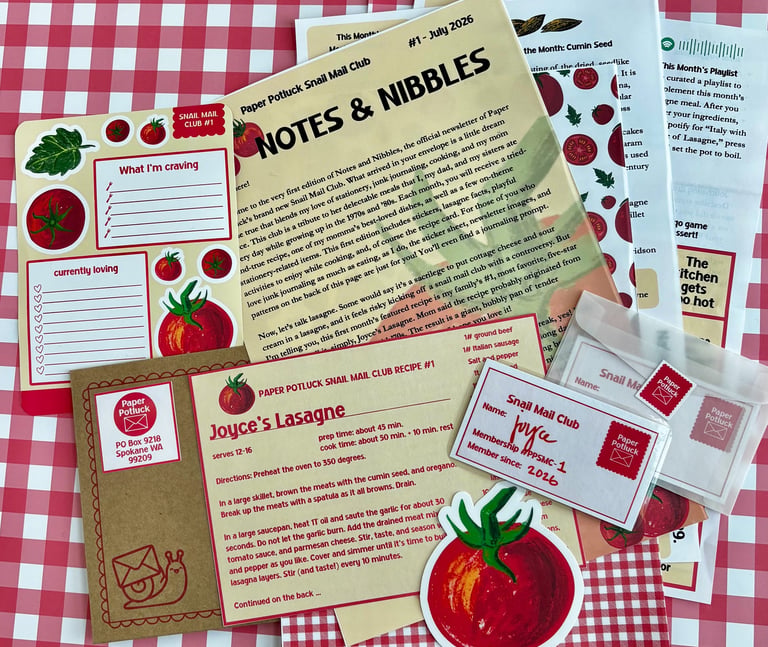 Paper Potluck Snail Mail Club stationery set featuring recipes and tomato illustrations on a red checkered background.