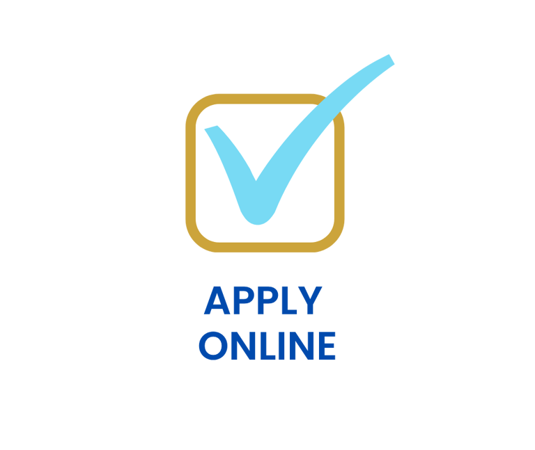 Checklist icon with a check mark next to the text “Apply Online” on a clean background.