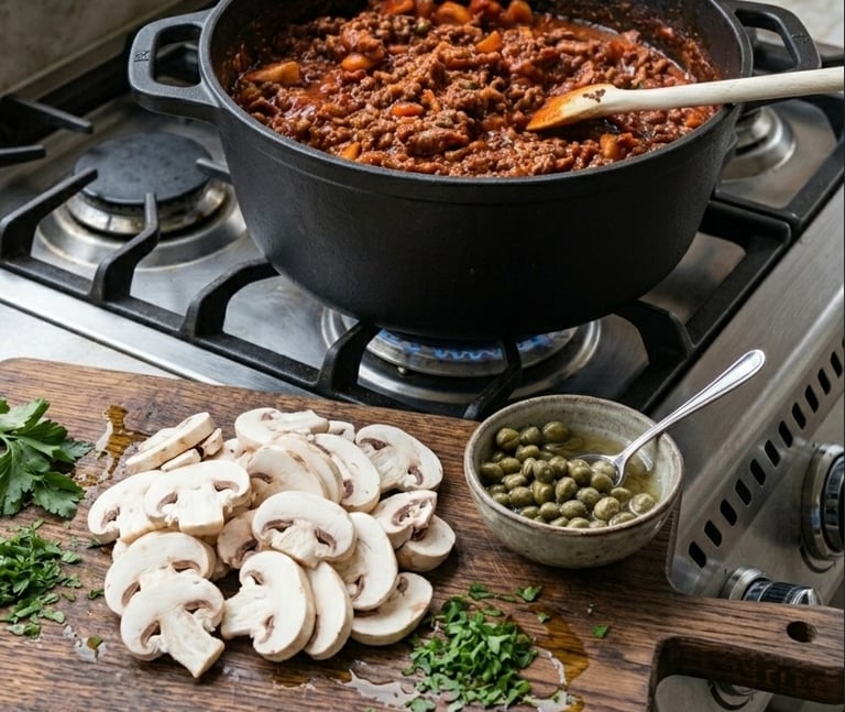 Hearty beef bolognese sauce simmering in a black pot with sliced mushrooms and capers.