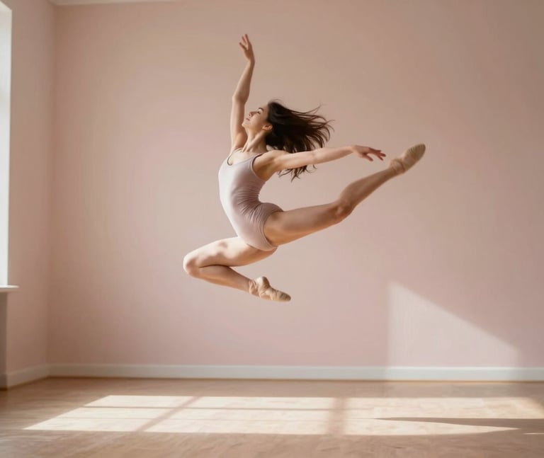 A dancer mid-jump, capturing fluid motion and dynamic energy, sun-drenched studio interior, warm beige and powder pink tones, shallow depth of field.
