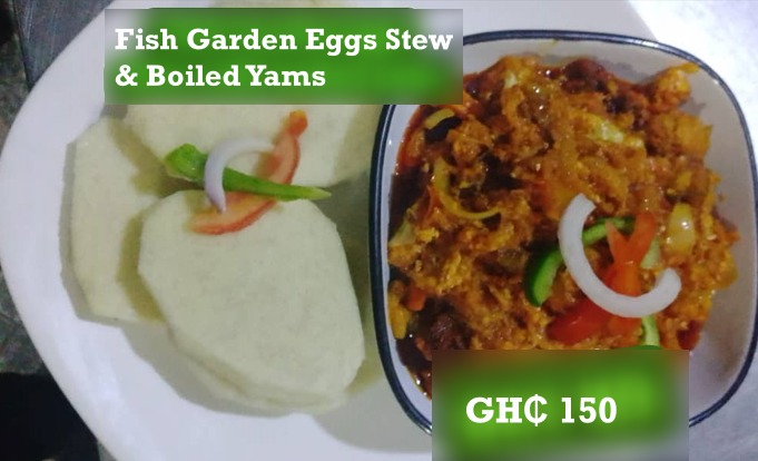 fish garden egg stew and boiled yams at de place restaurant gh