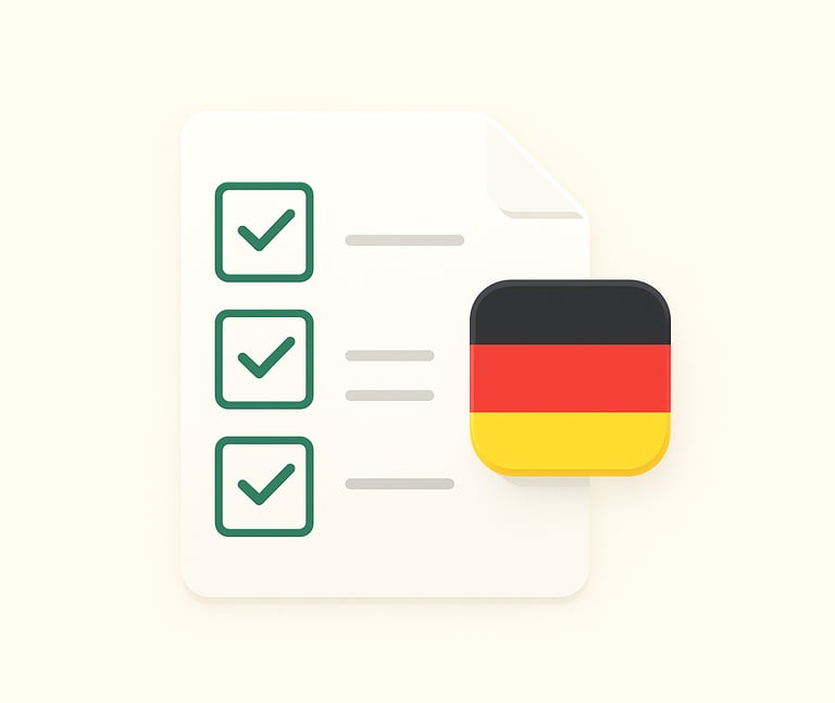 A minimalist icon showing a checklist with the German flag, symbolizing Ancient Roots Global's EU re