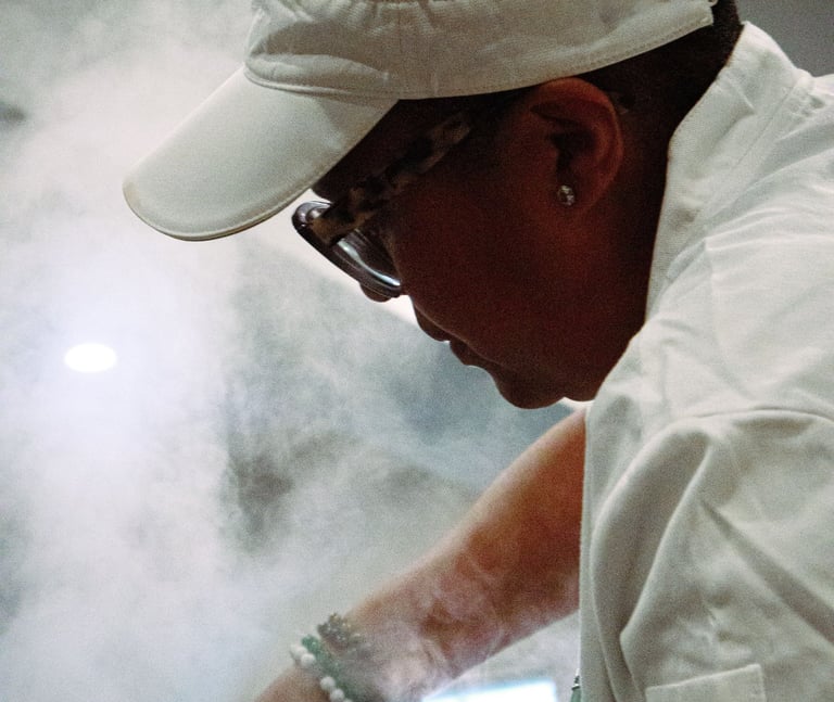 Steam rising around chef