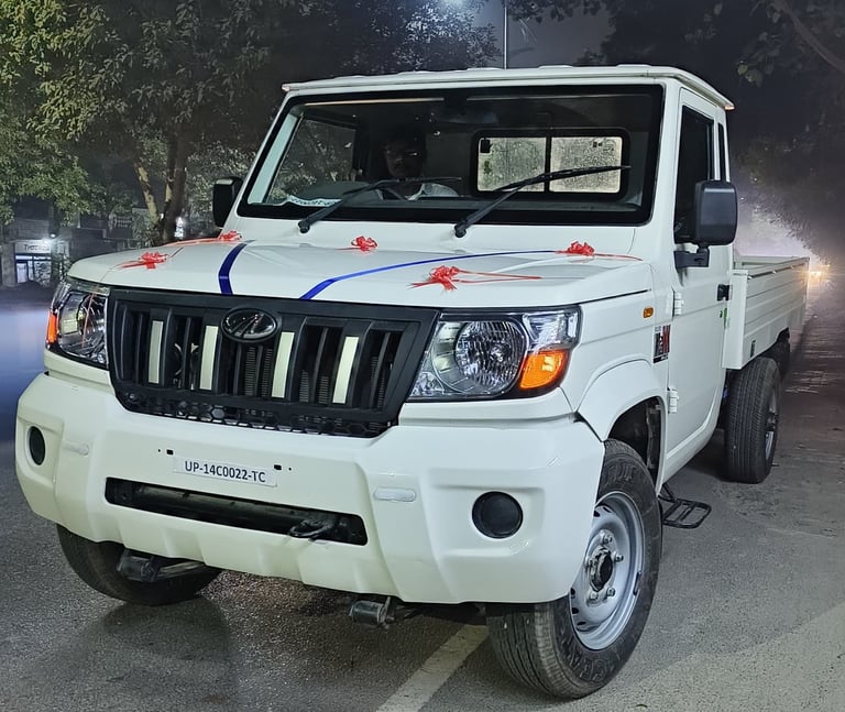 a white truck with a blue and white stripe on it
