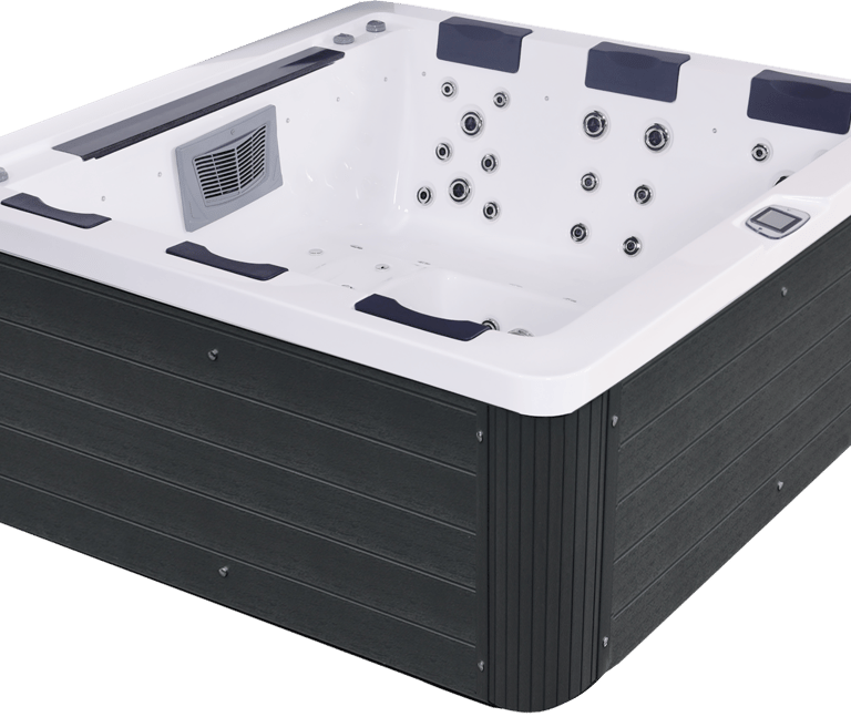 a hot tub with a white tub and a black and white tub