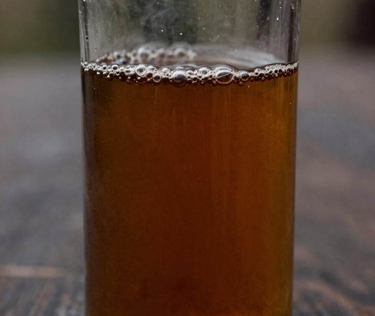 Close-up of a dark amber liquid fish fertilizer concentrate in a clear glass vessel on a rough wooden surface, small bubbles visible, overcast natural light from the side, dark earth tones background, no labels or text visible, documentary still-life framing