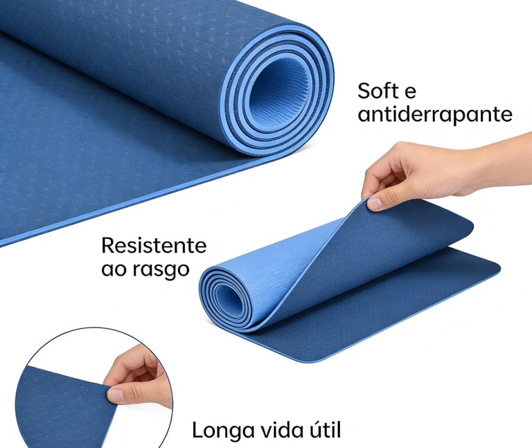 Tapete de Yoga TPE Dupla Face Azul, 181x61x0,6 cm, Antiderrapante, para Yoga, Pilates e Meditação.