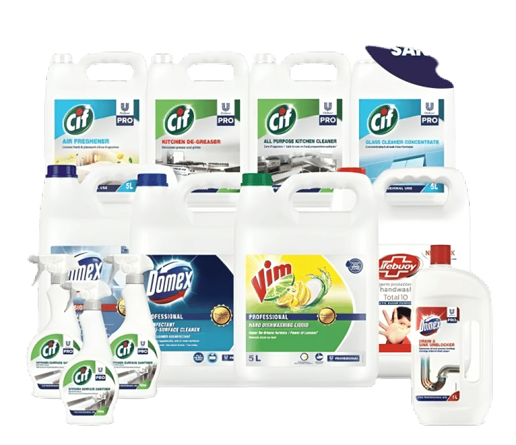 a variety of cleaning products including cleaning chemicals for hotel and hospital keeping