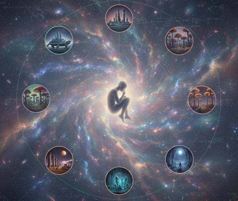 Quantum sleep consciousness: dreamscape with swirling galaxies, parallel universe portals, ancient symbols