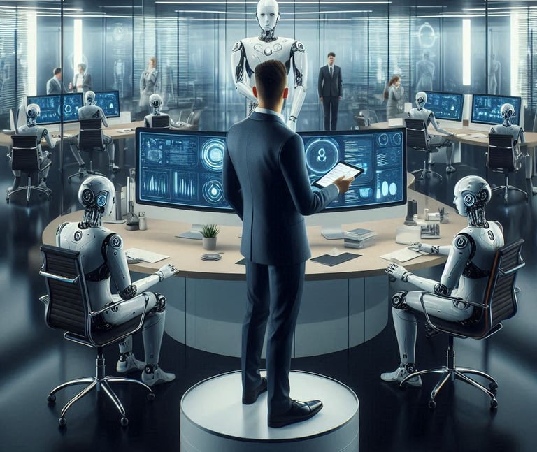 An elegant office with humanoid chatbots working at modern desks and a single human observing them f