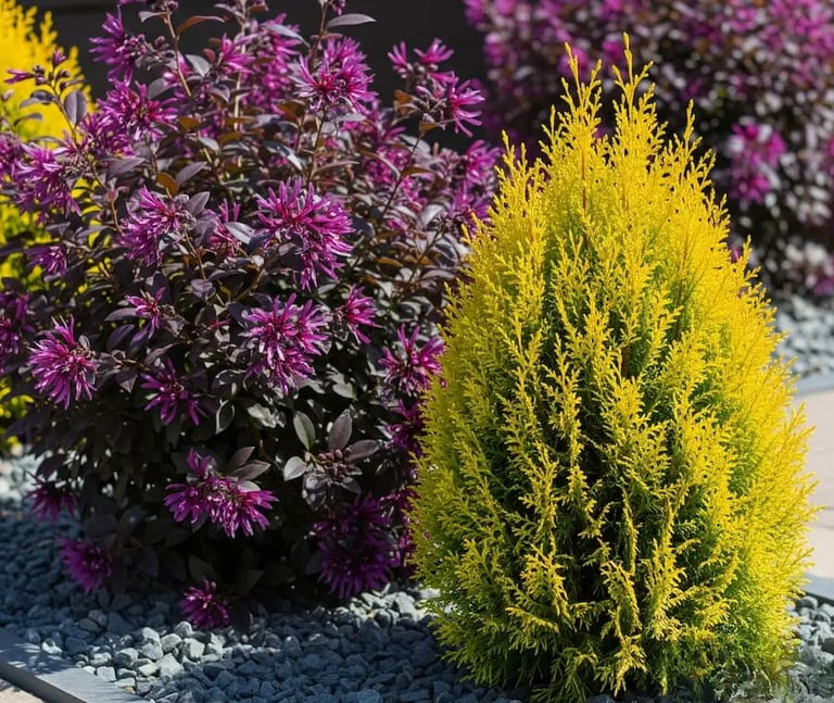 El contraste de colores loropetalo purpura y tuya aurea nana dorada