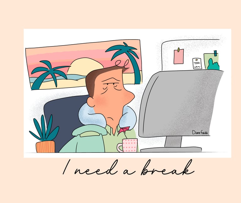 a man sitting at a desk with a computer monitor and a computer monitor. I need a break. Diane Mulolo