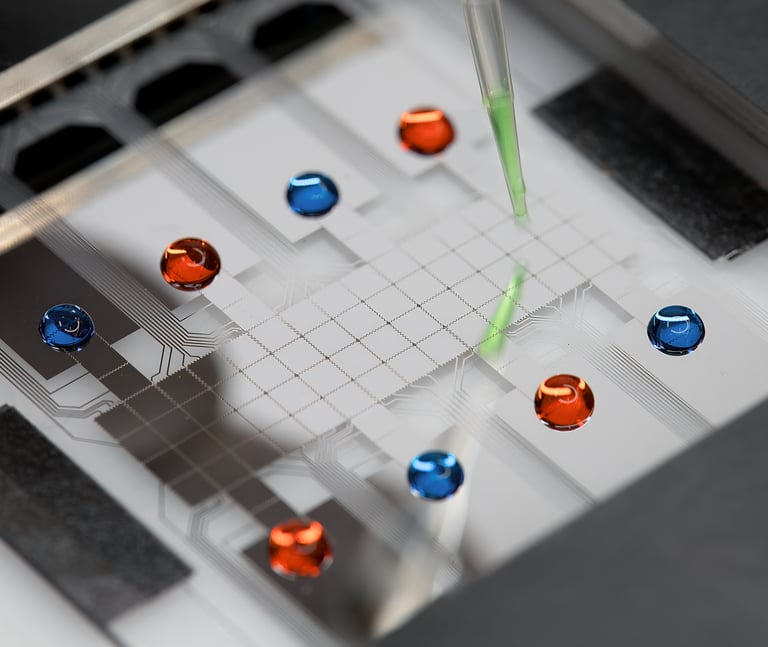 Digital microfluidic device developed by Blue Ocean Technologies for rapid and precise testing.
