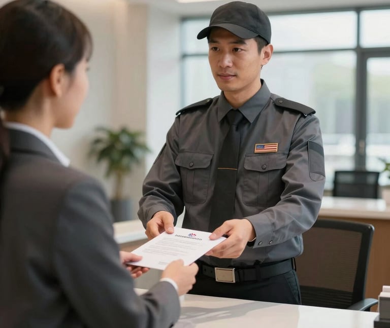 A courier in a charcoal gray uniform interacting with a receptionist at a modern US office lobby desk, exchanging a professional legal envelope. Clean, professional lighting, efficient business atmosphere.