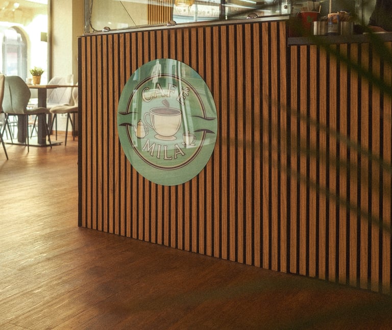 Brand Fotografie Rheine: Moderne Holztheke mit Café Mila Logo.