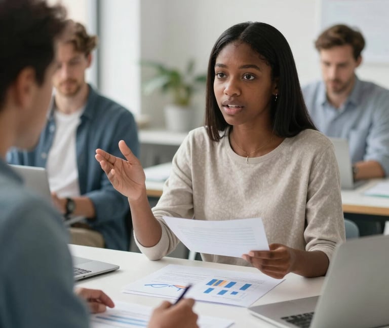 A vibrant office space bathed in deep orange and blue light, with a team brainstorming around a laptop.