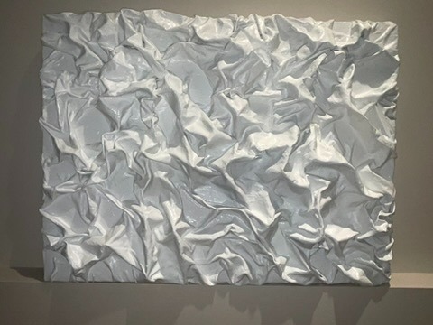 Handcrafted plaster relief wall art on canvas, Wabi-Sabi inspired neutral texture.