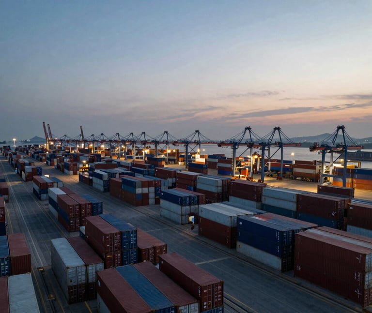 Wide panoramic overhead aerial view of a global shipping port at dusk, dense rows of stacked shipping containers in dark brown and muted tones, cranes visible left third, expansive sky on the right, cool industrial light, no people, no text