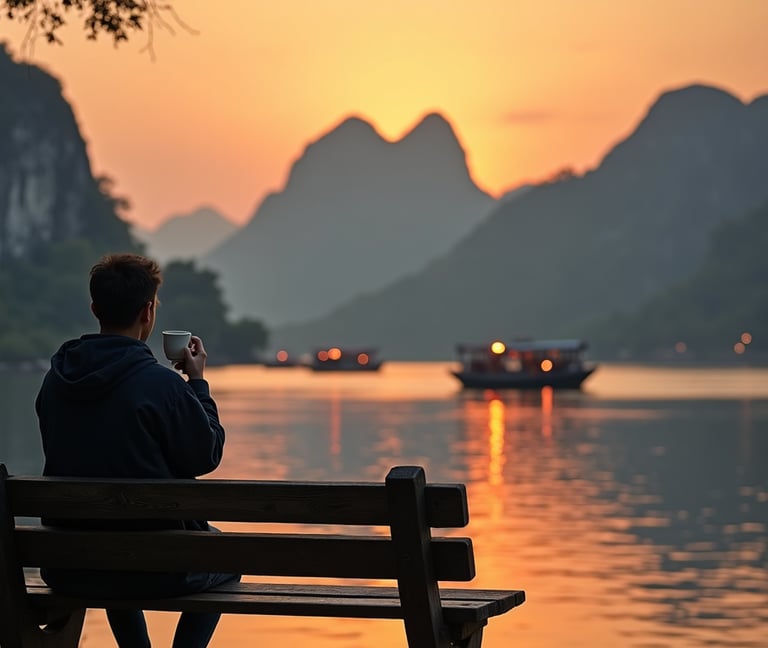 a man sitting on a bench with a cup of coffee near Dalyan channel at sunset