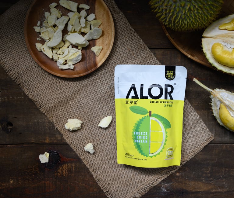 a bag of freeze dried fruit and durians on a table