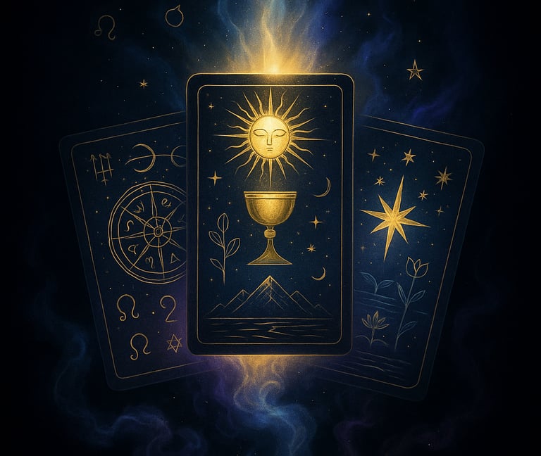 a tarot deck with a gold cup and a cup of coffee