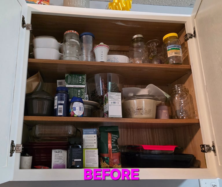 Before: cluttered kitchen cabinet with mixed containers, meds and teas, difficult to access