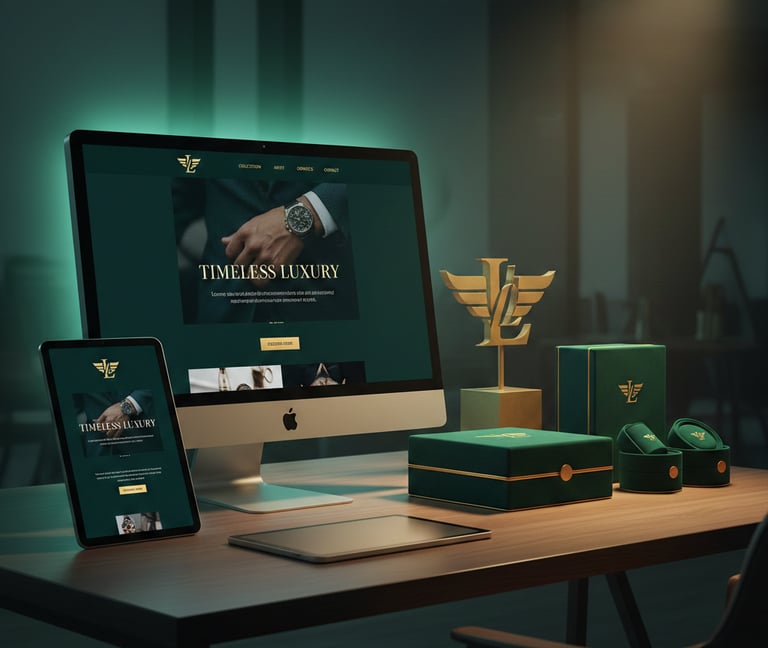 Luxury watch website design displayed on a desktop computer and tablet in a dark modern office.
