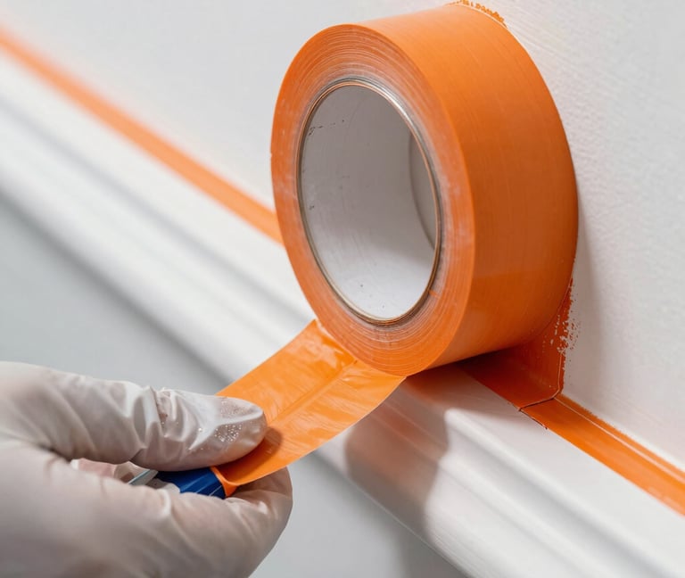 Macro close-up of a painter in clean gear peeling back bright orange painter tape to reveal a razor-sharp, flawless paint line on white trim