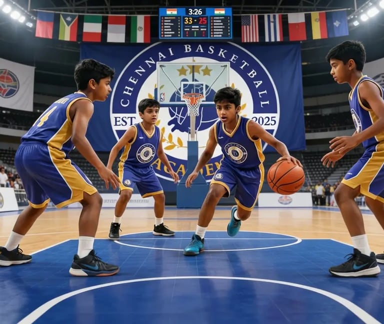 a group of young men playing basketball in a stadium