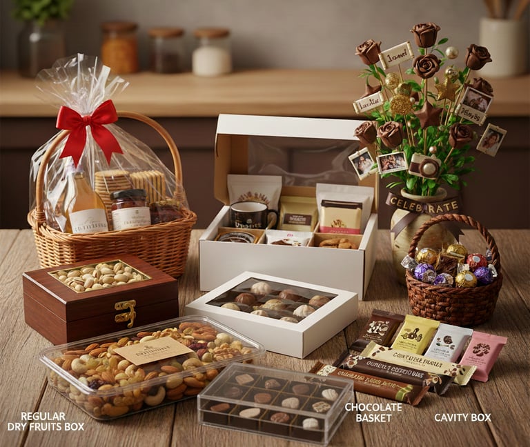 variety of luxury dry fruit and choclate gift hampers for corporate occasions