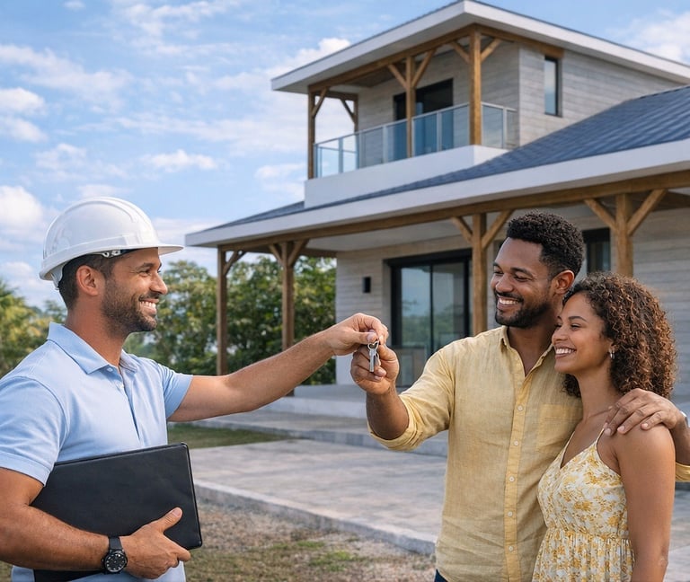 Maison clé en main Martinique - jeune couple recevant leur clé devant la maison