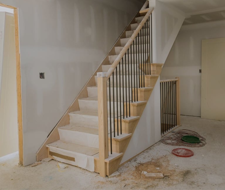 alt="Unfinished interior staircase surrounded by drywall during home restoration"