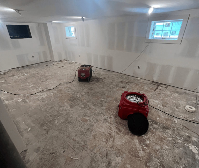 alt="Mold remediation equipment including dehumidifier and HEPA air scrubber in residential home"