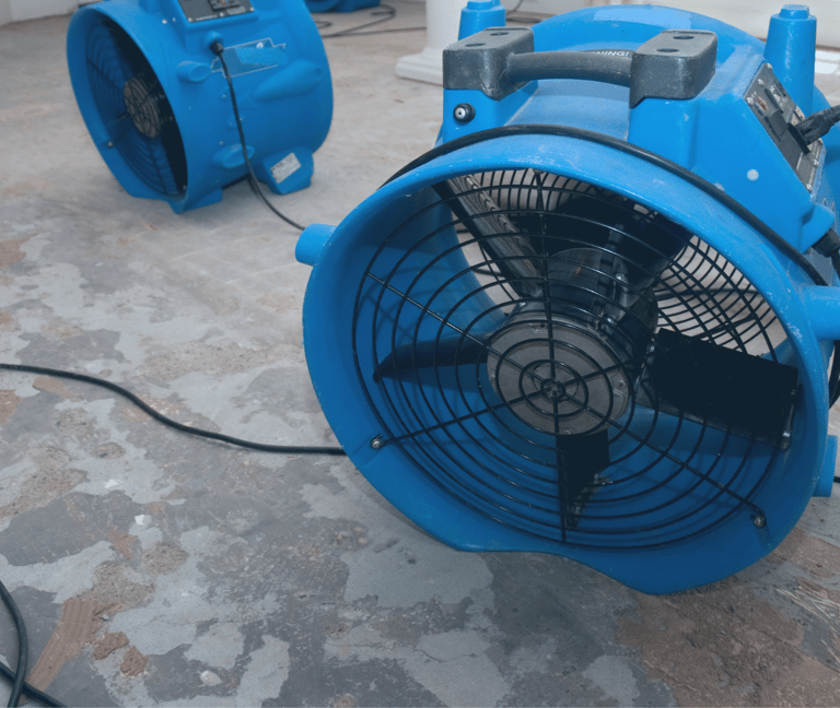 alt="Blue industrial air mover used for drying water damage in residential property"
