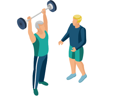 A senior man lifting weights and a trainer coaching him