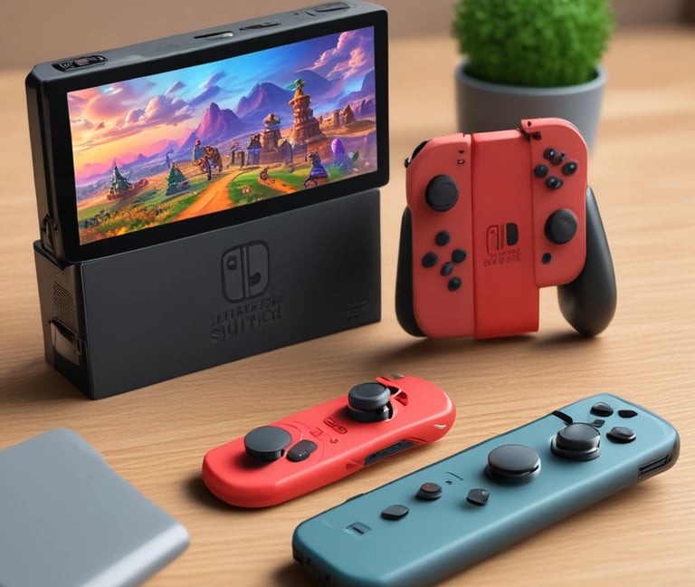 A Nintendo Switch console displays a fighting game with a group of characters standing victoriously on a circular platform. The main character in the foreground wears a red outfit, and the surrounding characters, each uniquely dressed, appear ready for combat. A large number 1 accompanied by the words 'RED TEAM' emphasizes their winning status.
