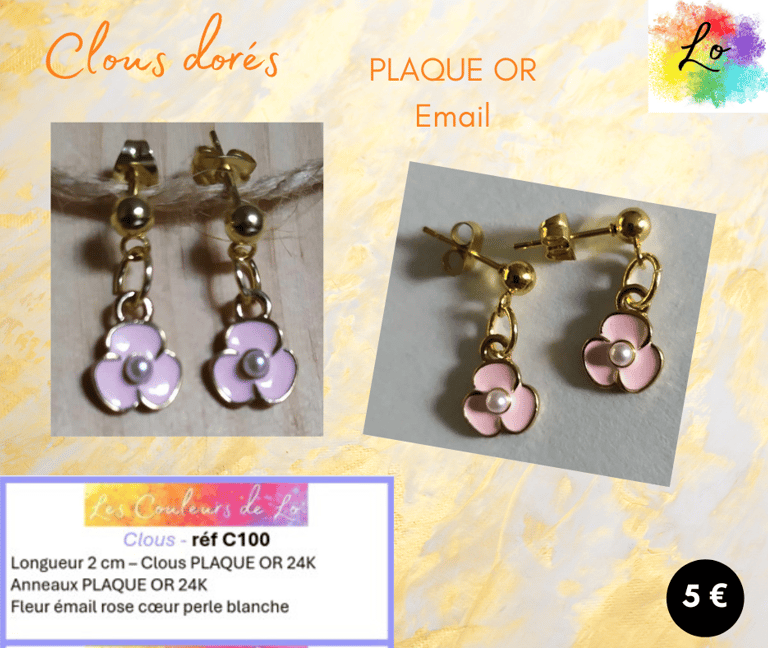 Boucles clous Plaqué or fleur émail rose Les Couleurs de Lo