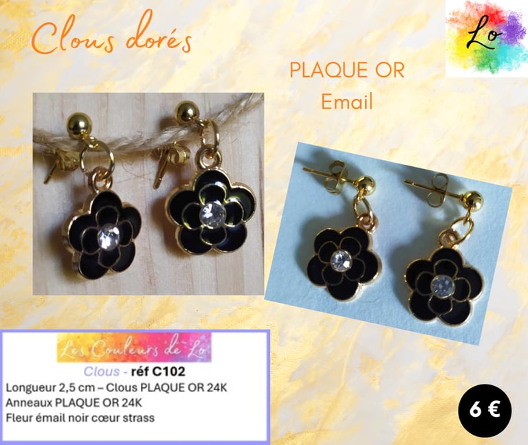Boucles clous Plaqué or fleur émail noir les Couleurs de Lo