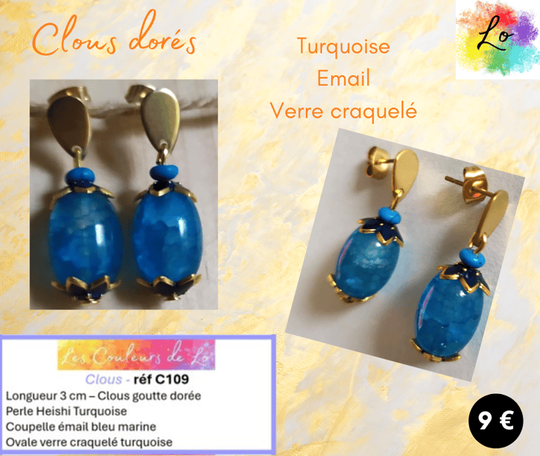 Boucles clous goutte dorée Turquoise coupelles émail verre craquelé turquoise Les Couleurs de Lo