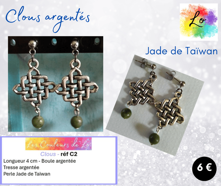 Boucles clous argentés tresse celtique métal Jade de Taïwan Les Couleurs de Lo