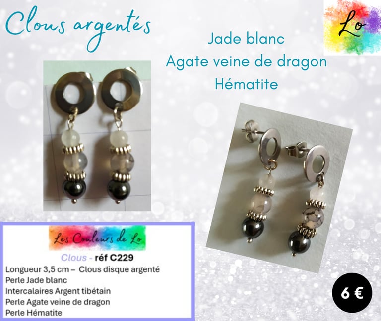 Boucles clous argentés Jaspe Agate Hématite Les Couleurs de Lo