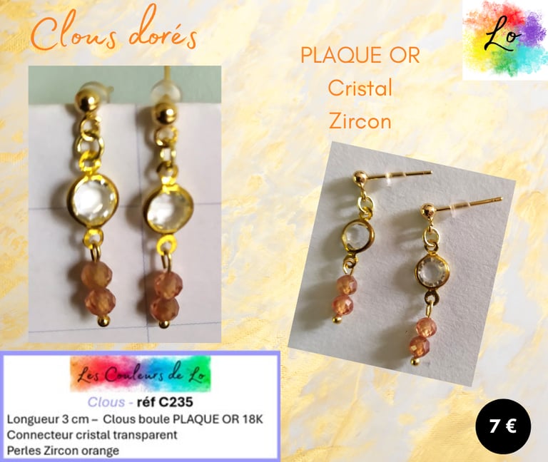 Boucles clous dorés cristal transparent Zircon orange Les Couleurs de Lo