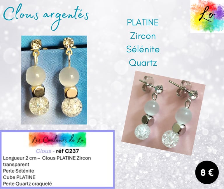 Boucles clous Platine Zircon Sélénite Quartz craquelé Les Couleurs de Lo